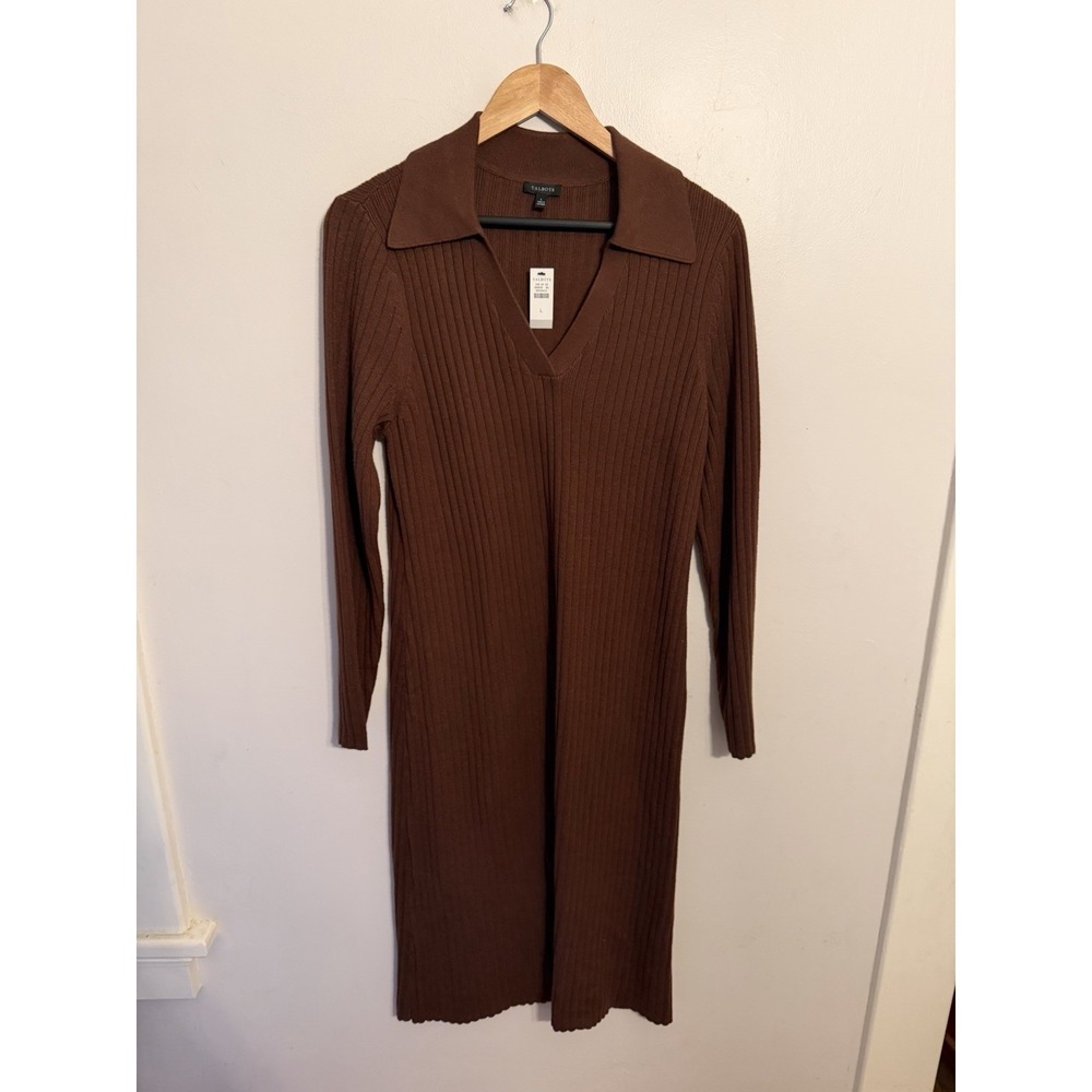 Talbots Women's Brown Collared Ribbed LS Sweater Dress Cozy Fall Large New - Picture 2 of 6